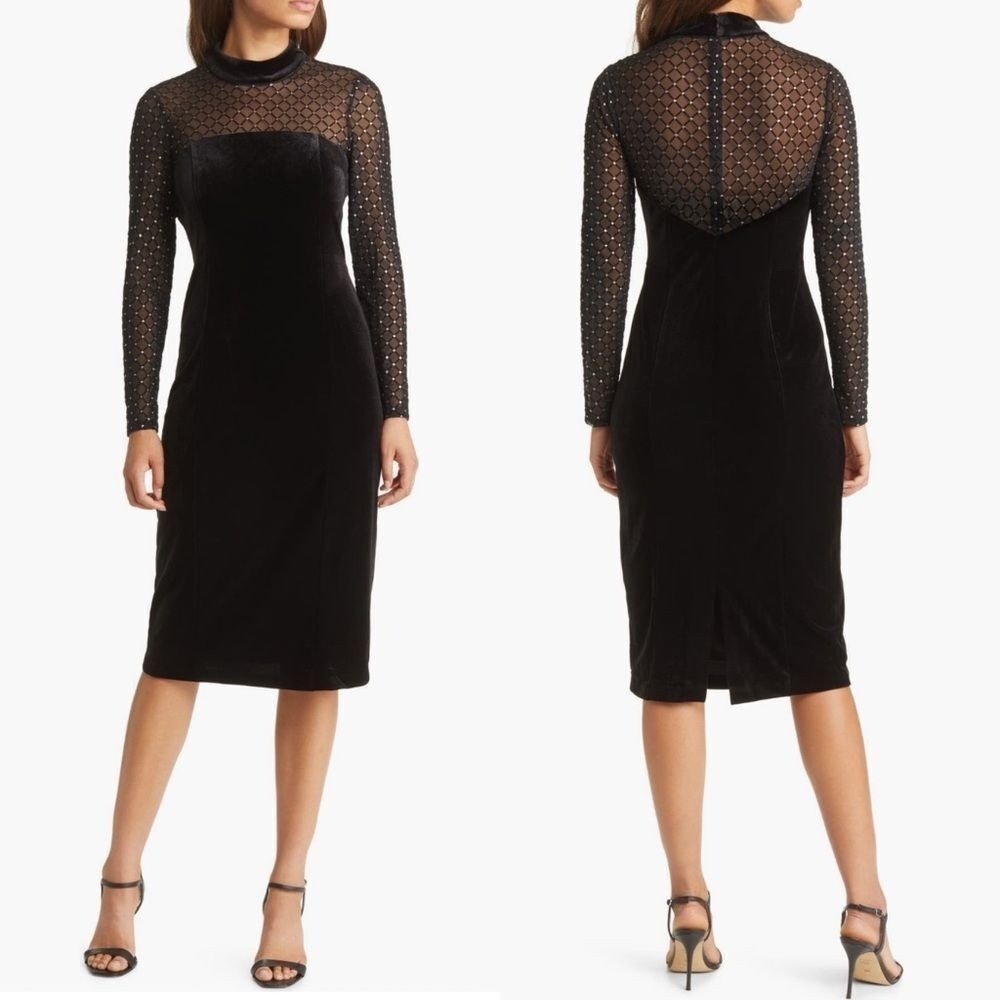 Eliza J Beaded Yoke Mixed Media Long Sleeve Sheath Dress, Black, Size 14, NWT